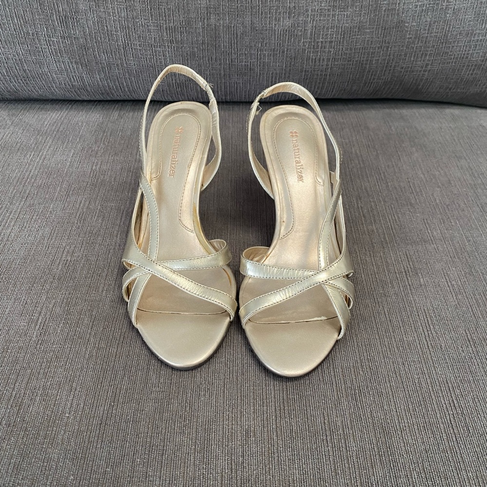 Gold leather stiletto sandals